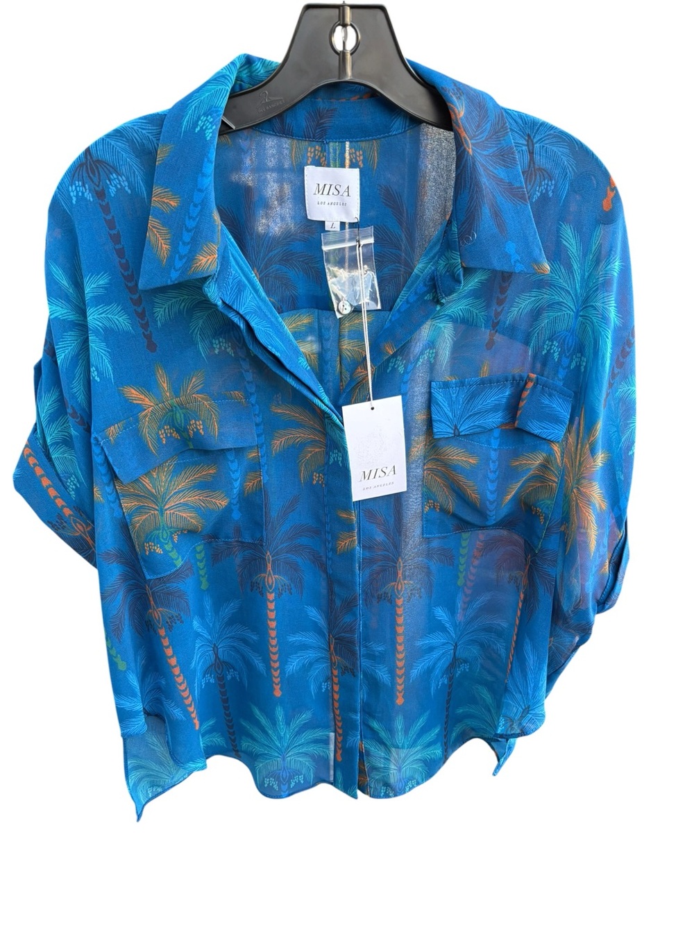 MISA Los Angeles Erin Blouse Cobalt Palms Blue Tropical Large NWT
